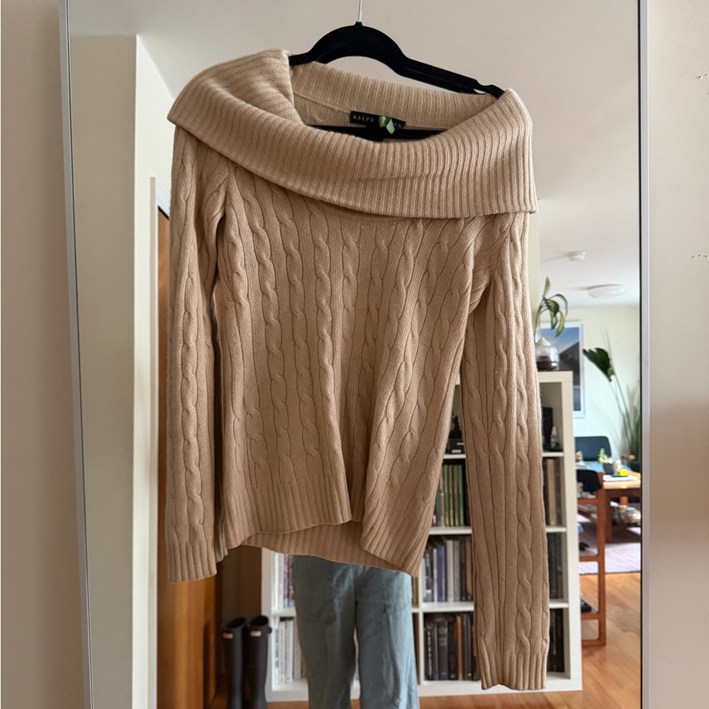 Ralph Lauren Off-Shoulder Cashmere Sweater in Beige